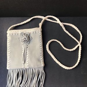 Gray Suede Crossbody Handbag White Crochet Accents